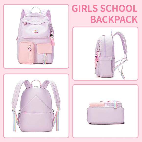 Cute Girls School Backpack Purple Pink Waterproof Bookbag with Keychain Gift - Picture 8 of 14